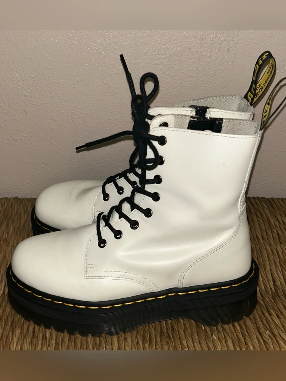 Dr. Martens Jadon White Leather Lace-Up Boots with Black Laces